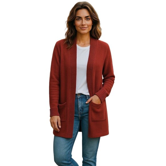 Tahari Chunky Open Patch Pocket Cardigan Sweater Burgundy Size XL Coastal Beach - Picture 1 of 14
